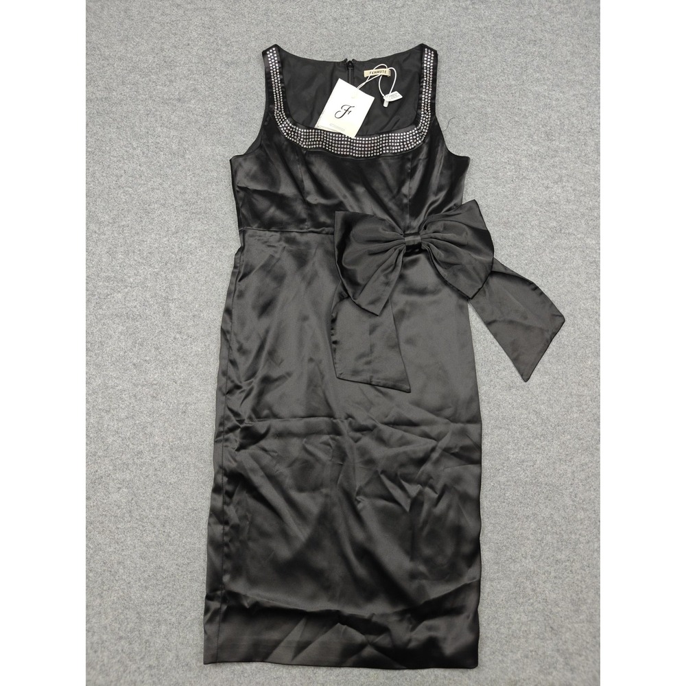 Fehaute Dress Womens 8 Black Satin Bow Sheath Beaded Neck Cocktail Party New